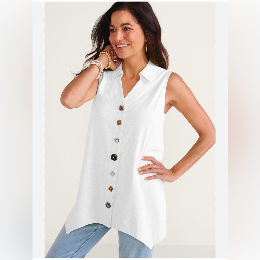 Soft Surroundings White Sleeveless Button-Down Shirt